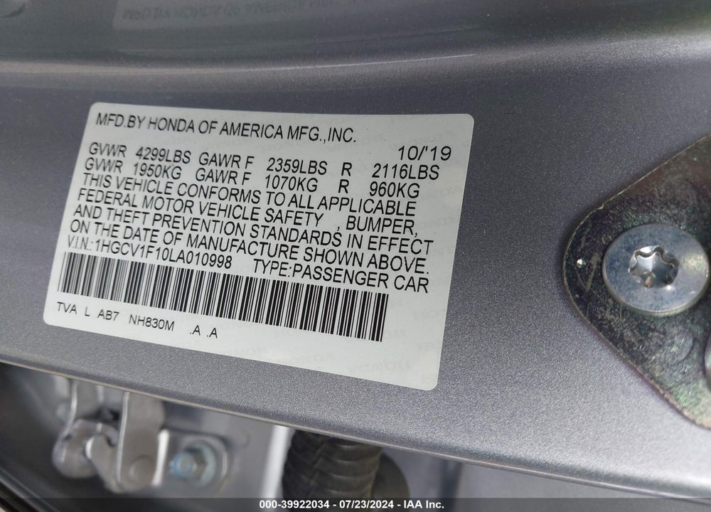 2020 HONDA ACCORD LX VIN: 1HGCV1F10LA010998