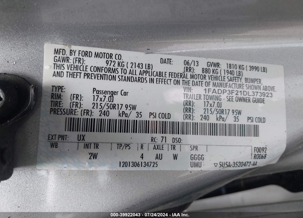2013 FORD FOCUS SE VIN: 1FADP3F21DL373923