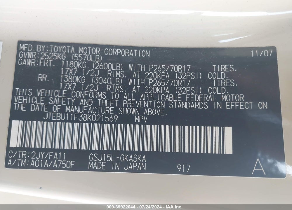 2008 TOYOTA FJ CRUISER VIN: JTEBU11F38K021569