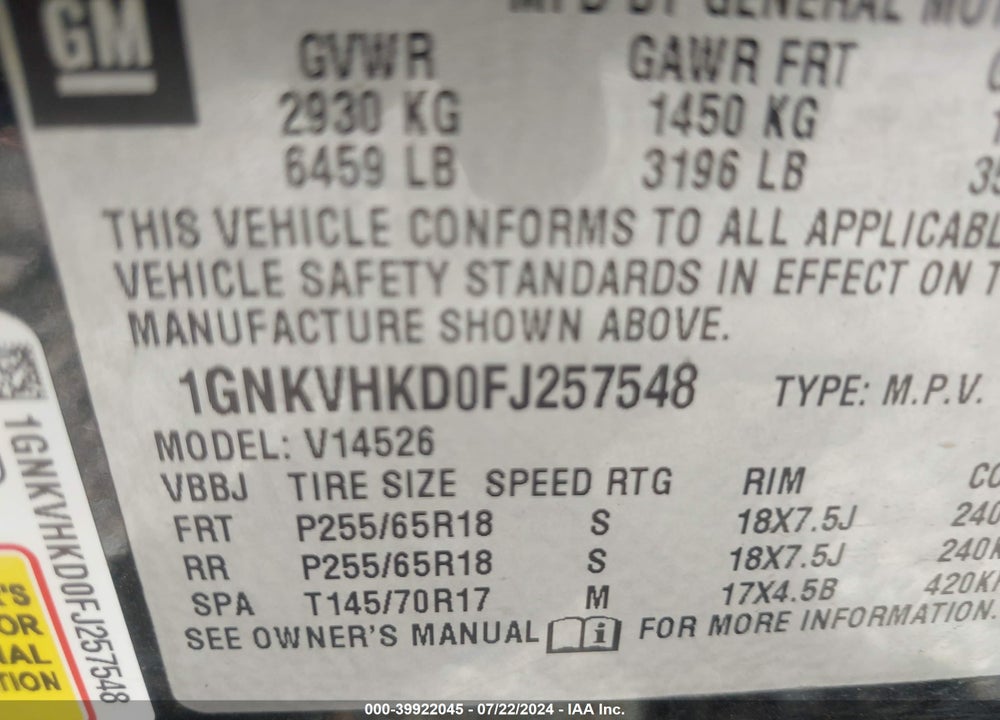 2015 CHEVROLET TRAVERSE 2LT VIN: 1GNKVHKD0FJ257548