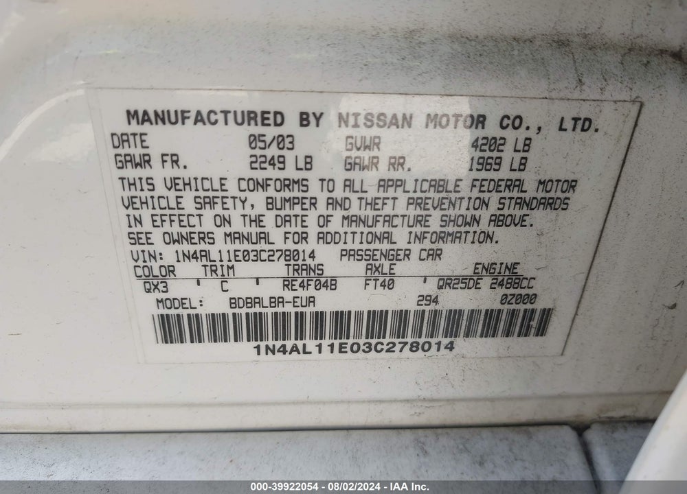 2003 NISSAN ALTIMA 2.5 SL VIN: 1N4AL11E03C278014