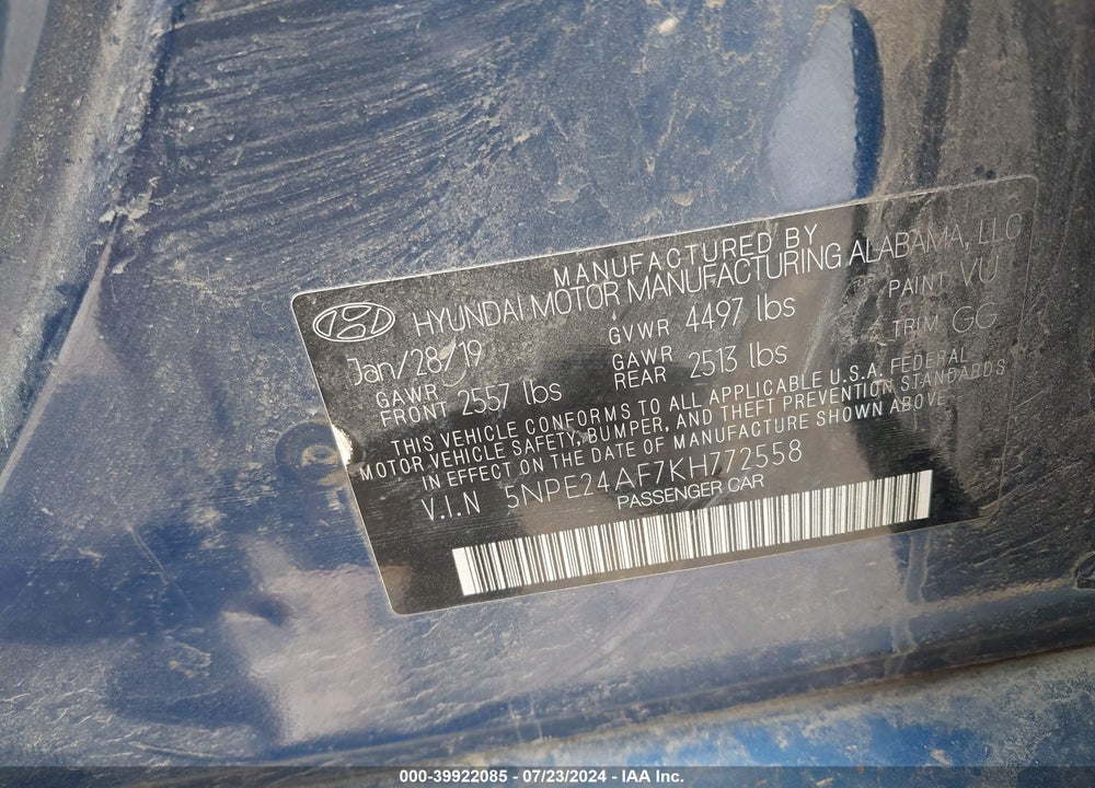 2019 HYUNDAI SONATA VIN: 5NPE24AF7KH772558