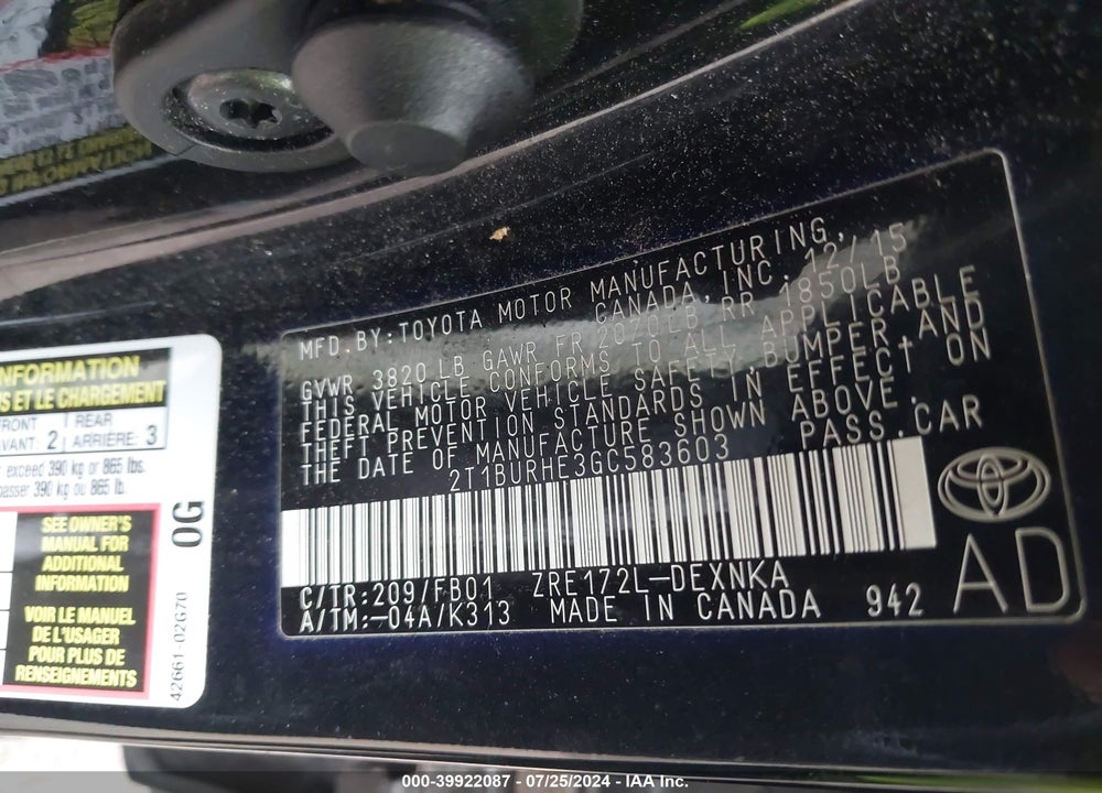 2016 TOYOTA COROLLA LE PLUS VIN: 2T1BURHE3GC583603