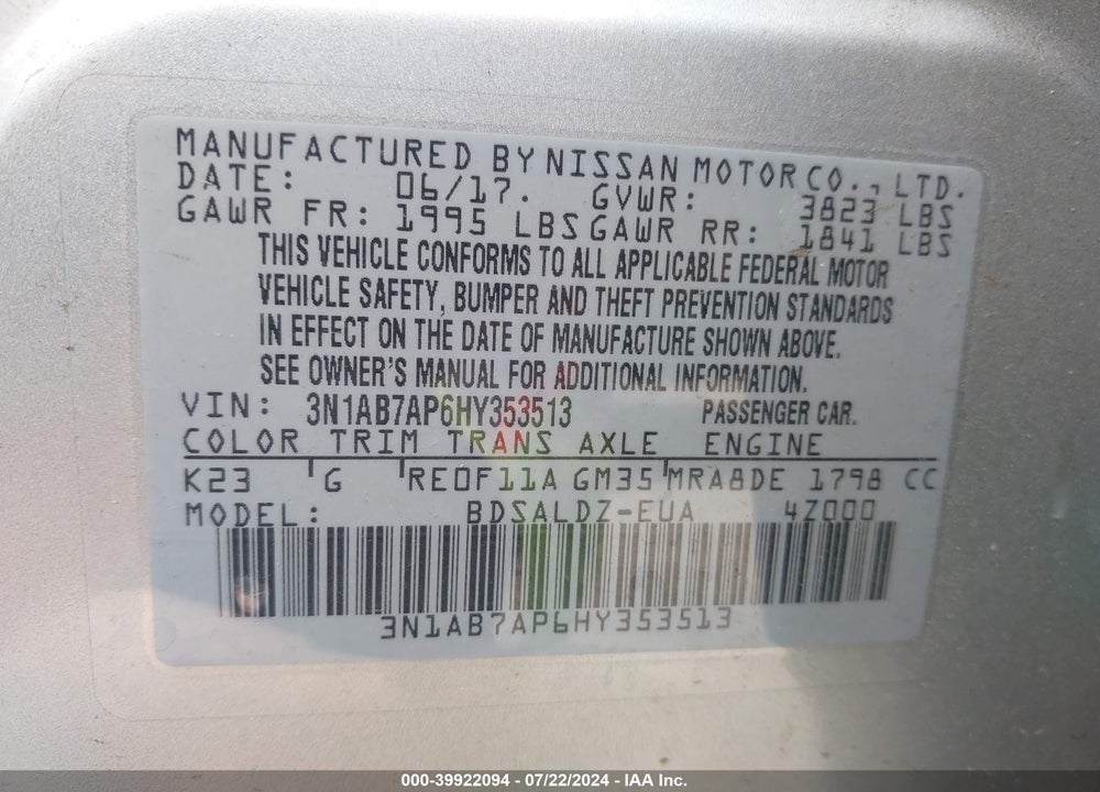 2017 NISSAN SENTRA SV VIN: 3N1AB7AP6HY353513