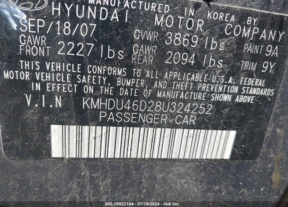2008 HYUNDAI ELANTRA GLS/SE VIN: KMHDU46D28U324252
