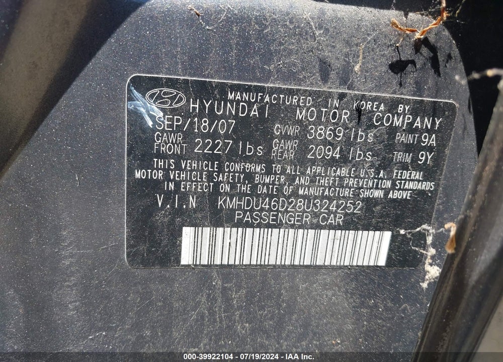 2008 HYUNDAI ELANTRA GLS/SE VIN: KMHDU46D28U324252