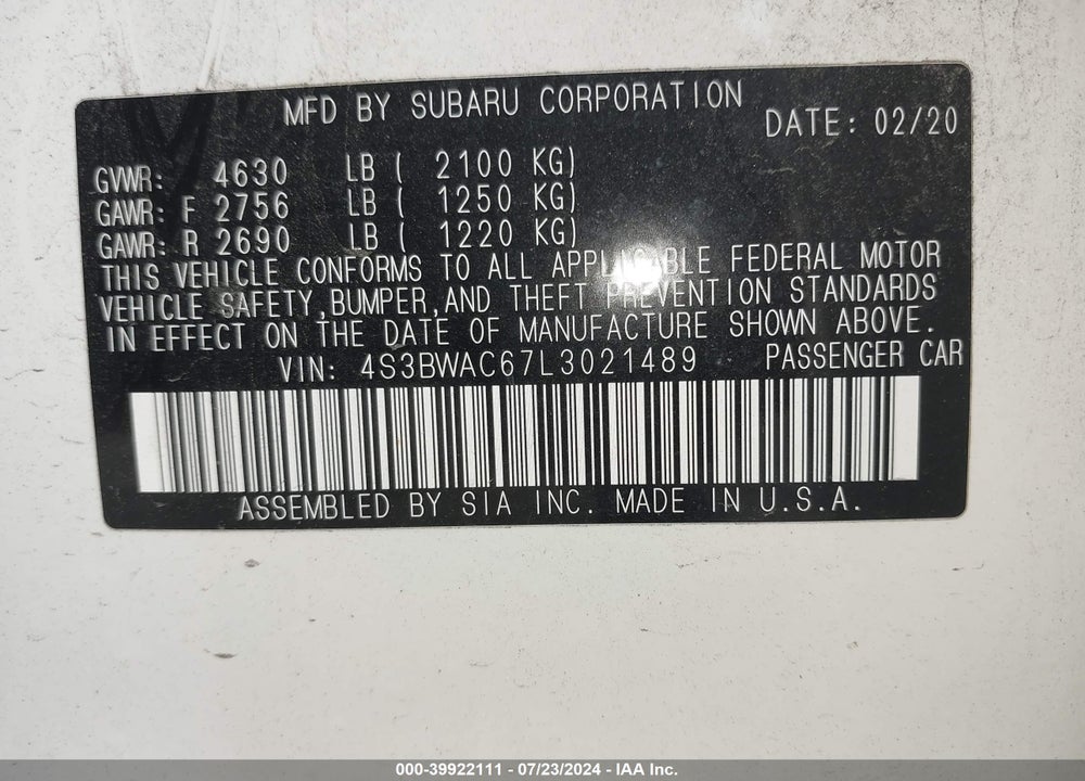 2020 SUBARU LEGACY PREMIUM VIN: 4S3BWAC67L3021489