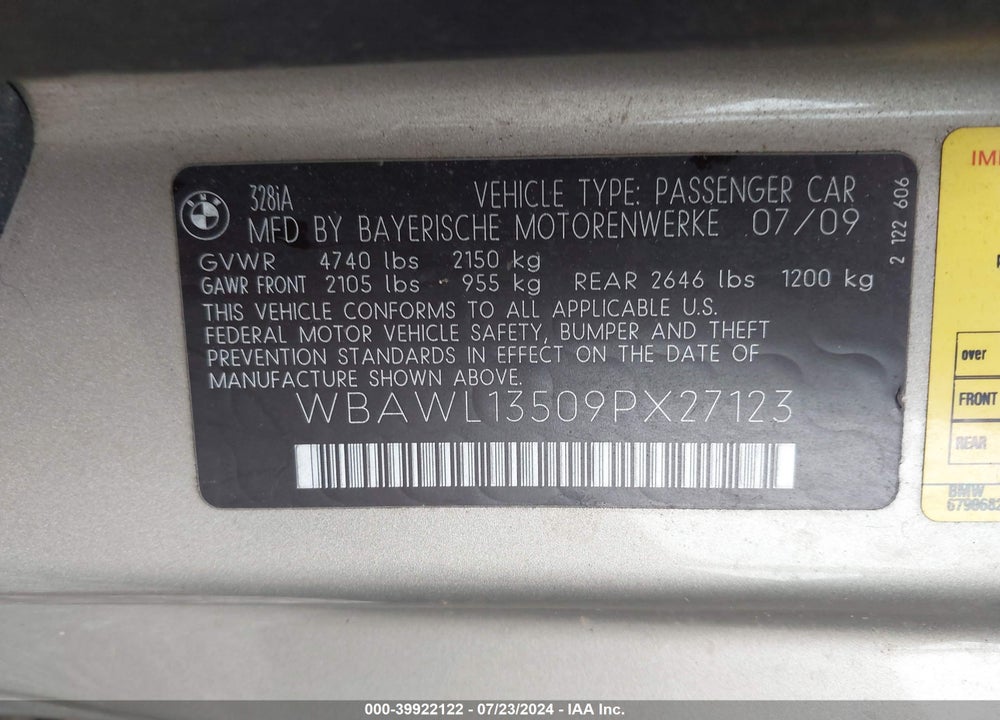 2009 BMW 328I VIN: WBAWL13509PX27123