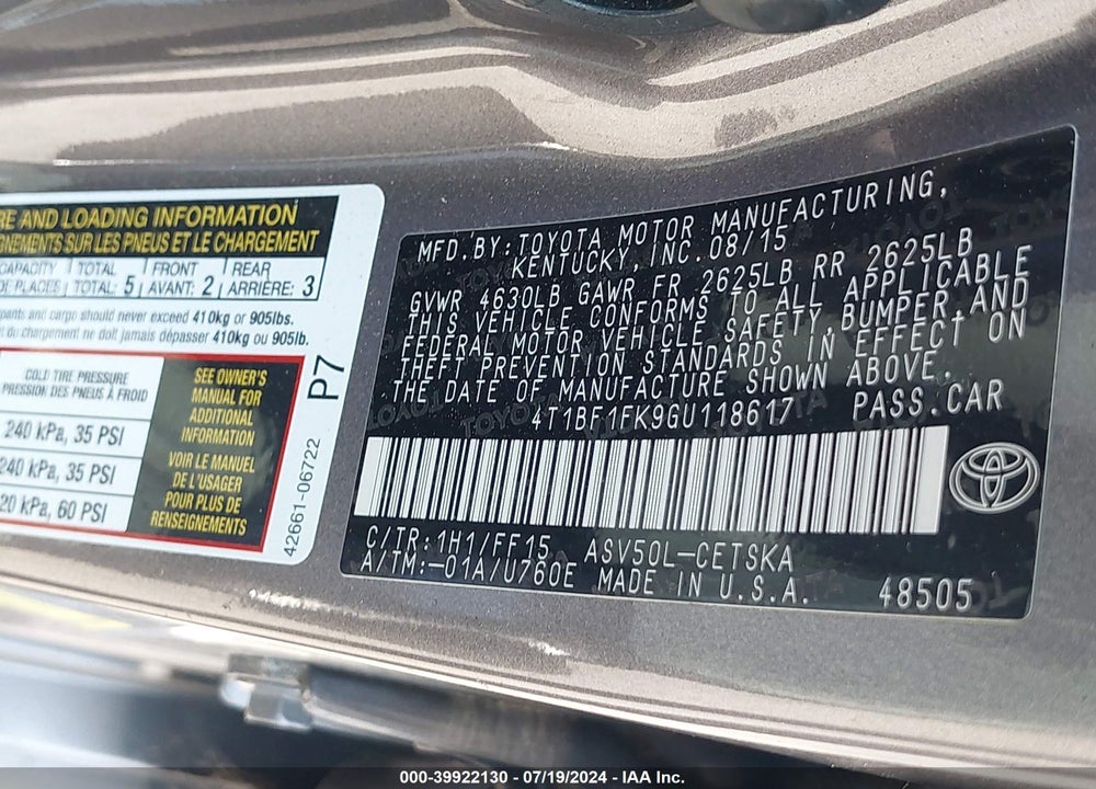2016 TOYOTA CAMRY SE VIN: 4T1BF1FK9GU118617
