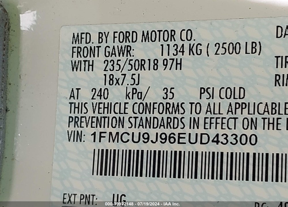 2014 FORD ESCAPE TITANIUM VIN: 1FMCU9J96EUD43300
