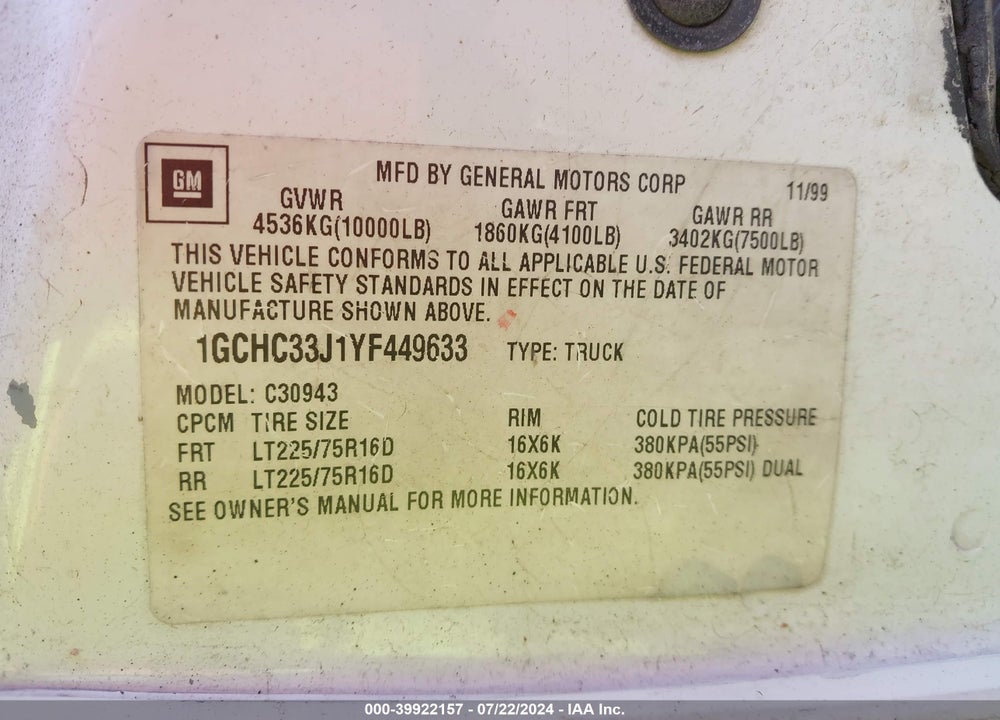 2000 CHEVROLET C3500 VIN: 1GCHC33J1YF449633