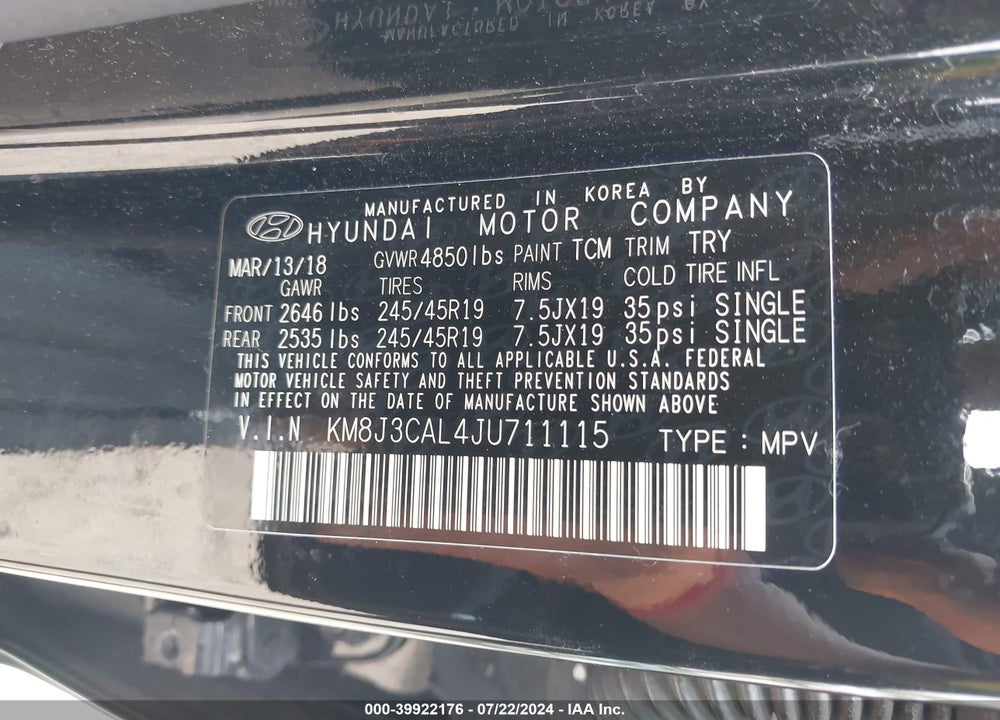 2018 HYUNDAI TUCSON SPORT VIN: KM8J3CAL4JU711115