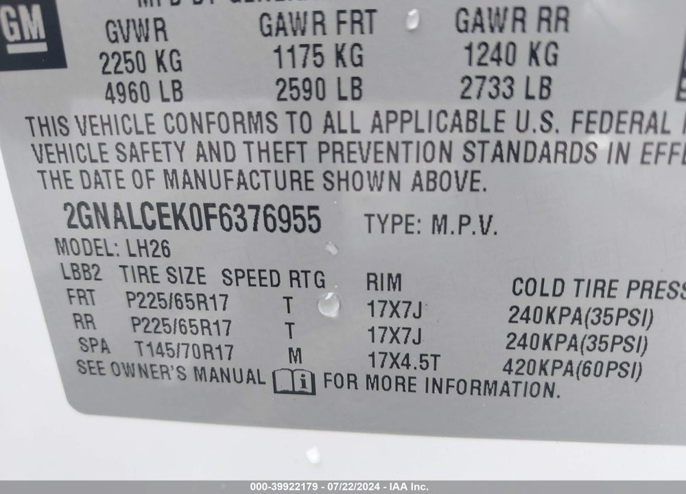 2015 CHEVROLET EQUINOX 2LT VIN: 2GNALCEK0F6376955