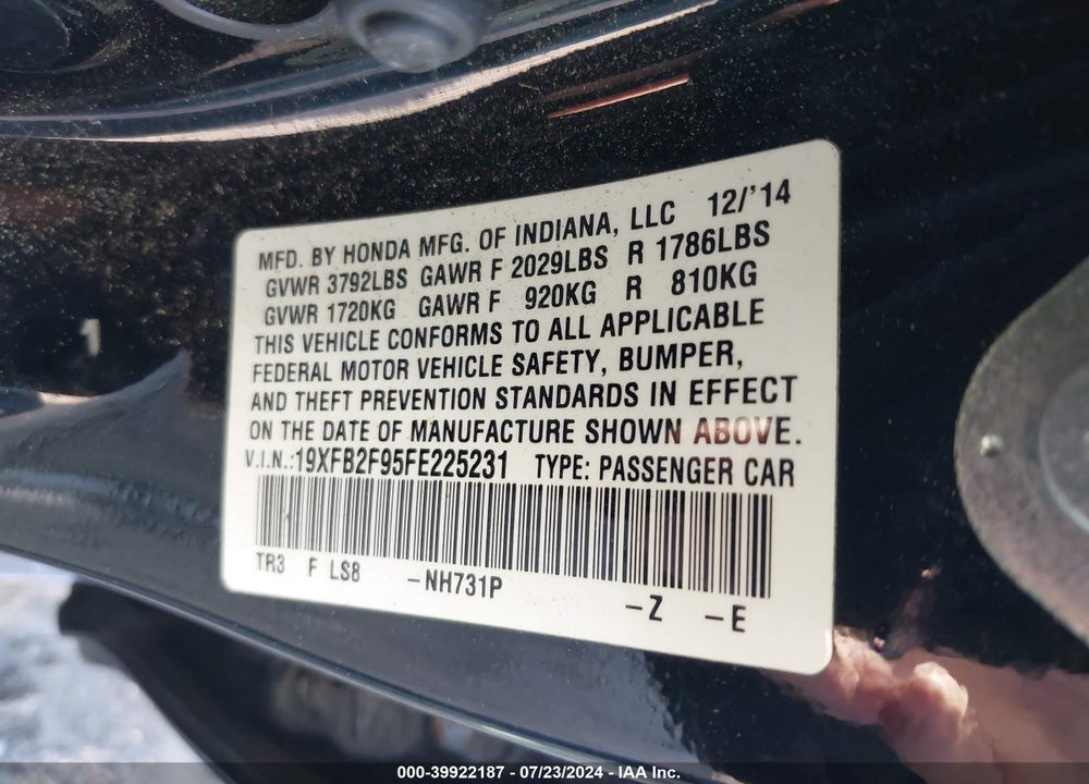 2015 HONDA CIVIC EX-L VIN: 19XFB2F95FE225231