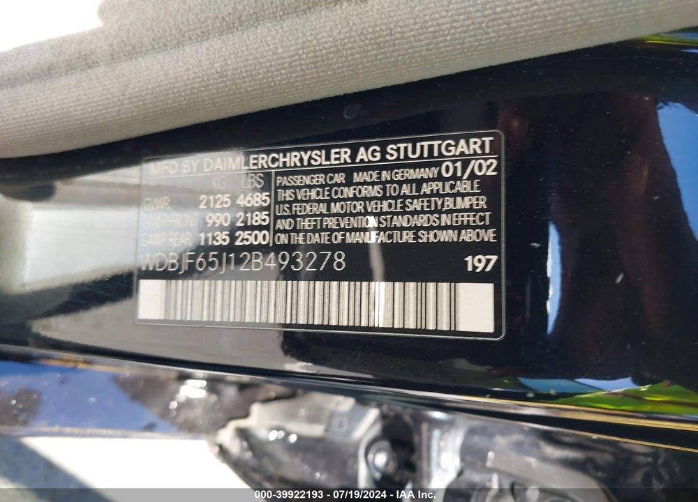 2002 MERCEDES-BENZ E 320 SPECIAL EDITION VIN: WDBJF65J12B493278