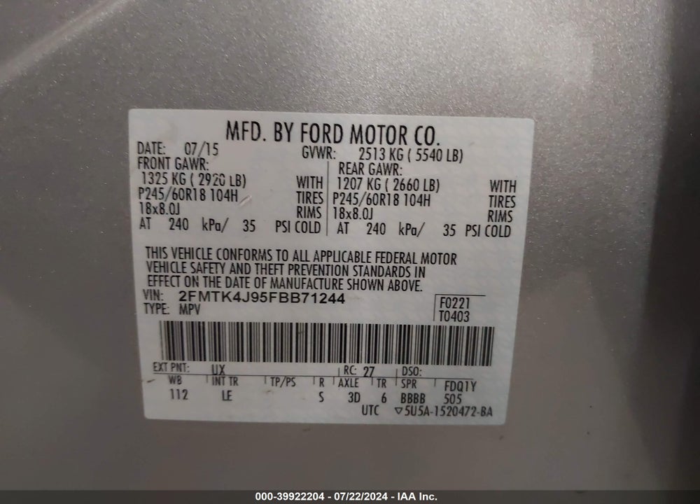 2015 FORD EDGE SEL VIN: 2FMTK4J95FBB71244