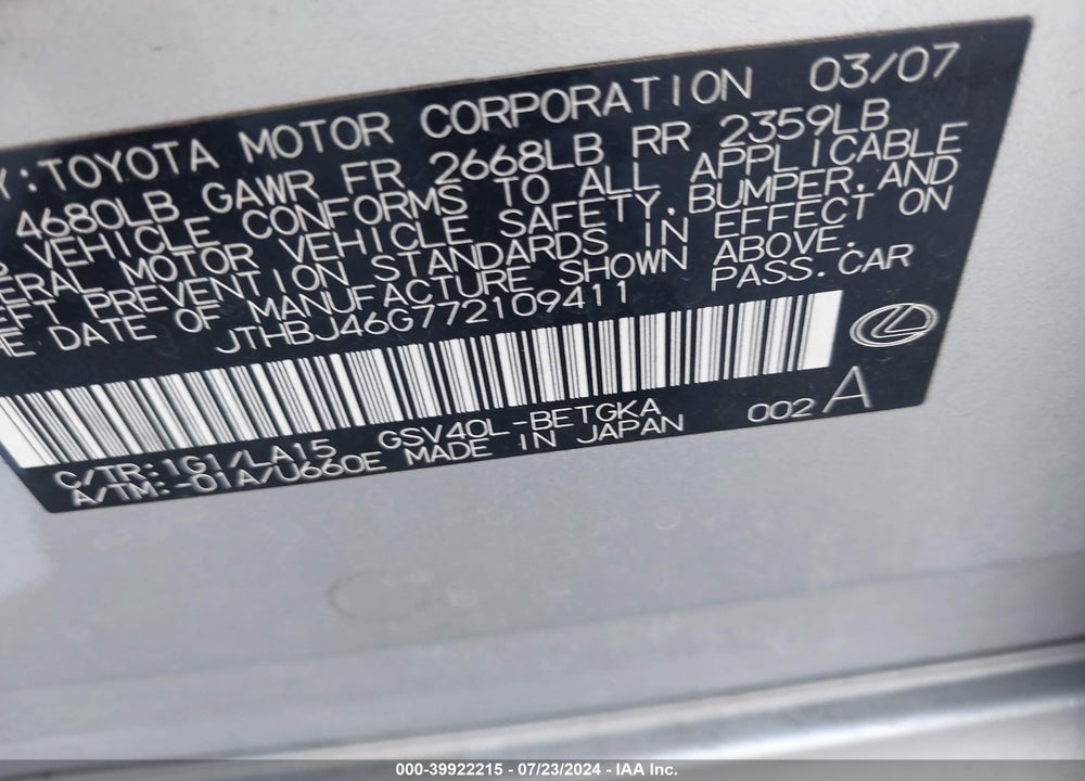 2007 LEXUS ES 350 VIN: JTHBJ46G772109411