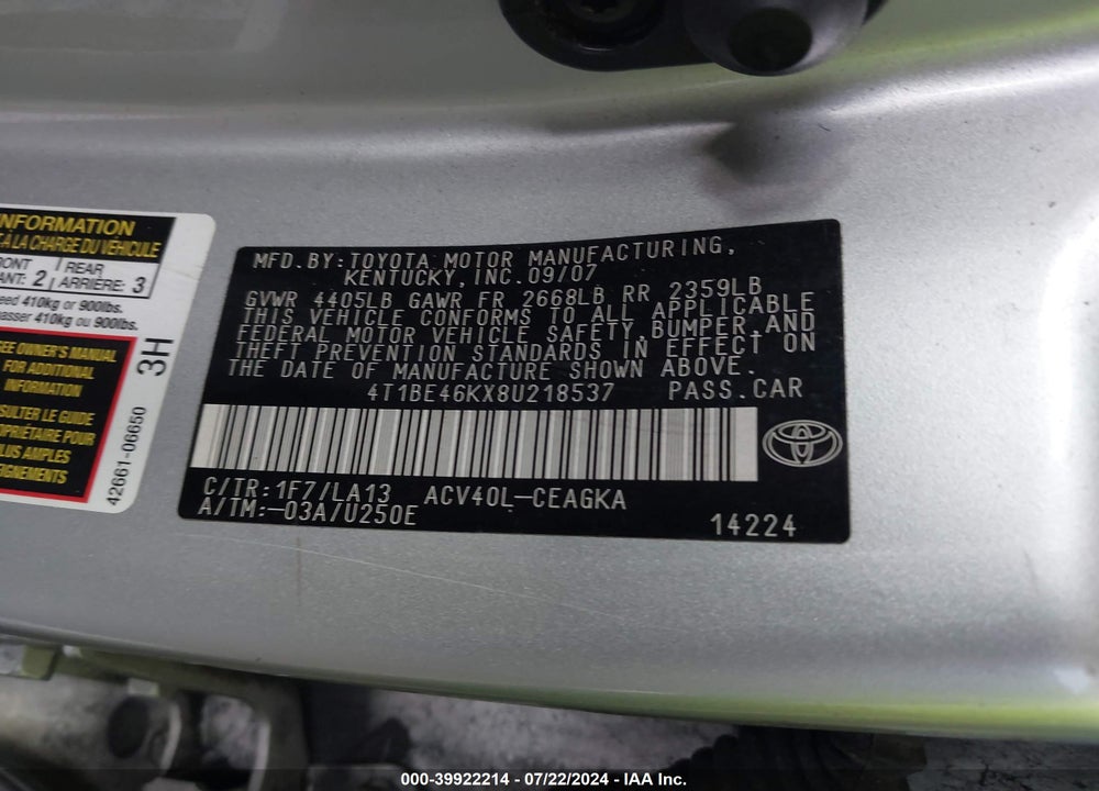 2008 TOYOTA CAMRY XLE VIN: 4T1BE46KX8U218537