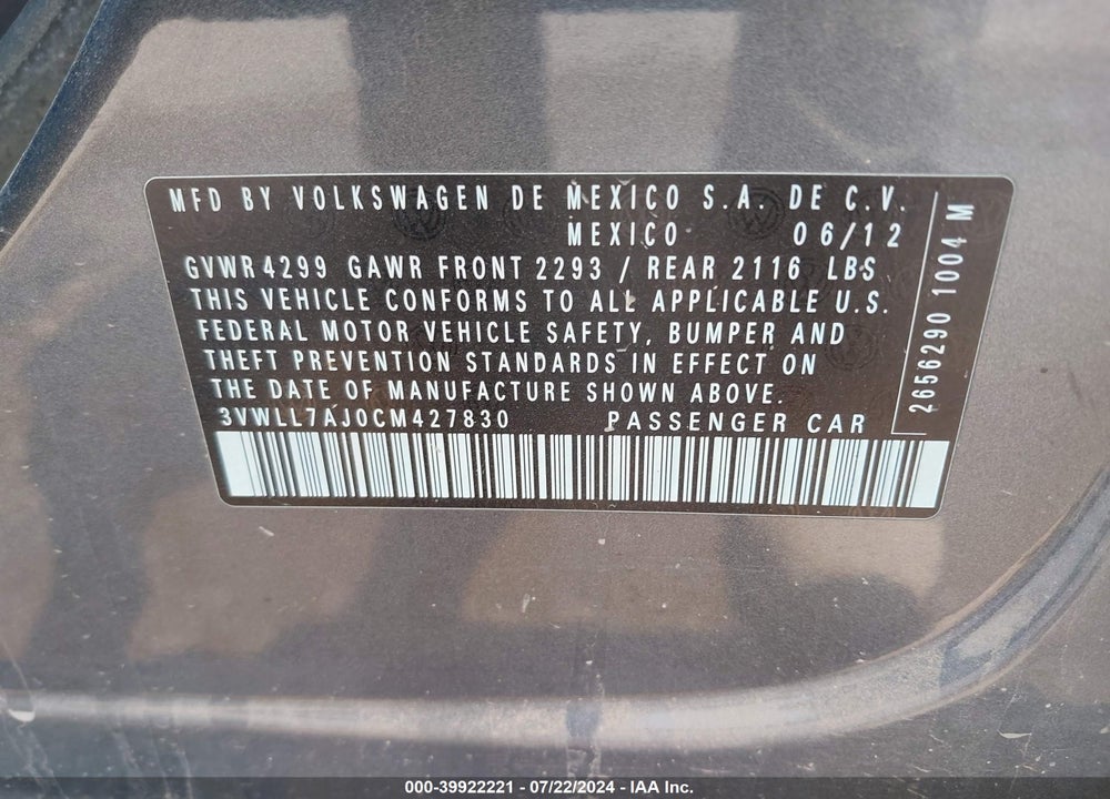 2012 VOLKSWAGEN JETTA 2.0L TDI VIN: 3VWLL7AJ0CM427830