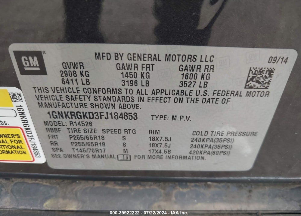 2015 CHEVROLET TRAVERSE 1LT VIN: 1GNKRGKD3FJ184853
