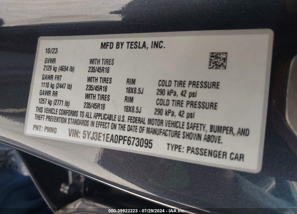 2023 TESLA MODEL 3 REAR-WHEEL DRIVE VIN: 5YJ3E1EA0PF673095