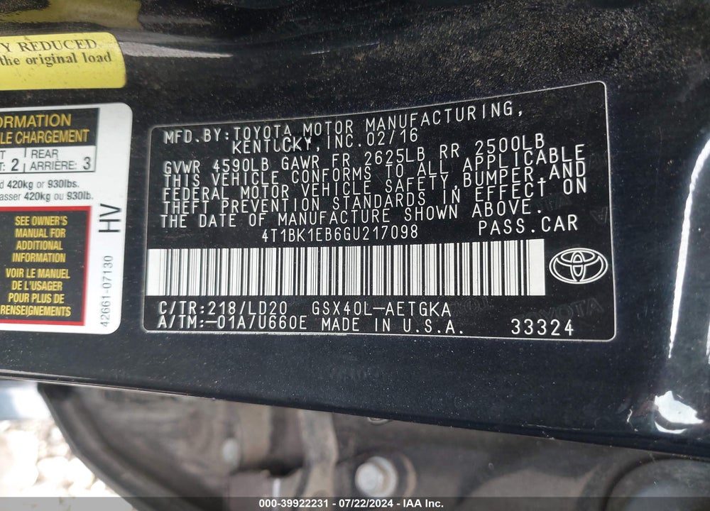 2016 TOYOTA AVALON XLE VIN: 4T1BK1EB6GU217098