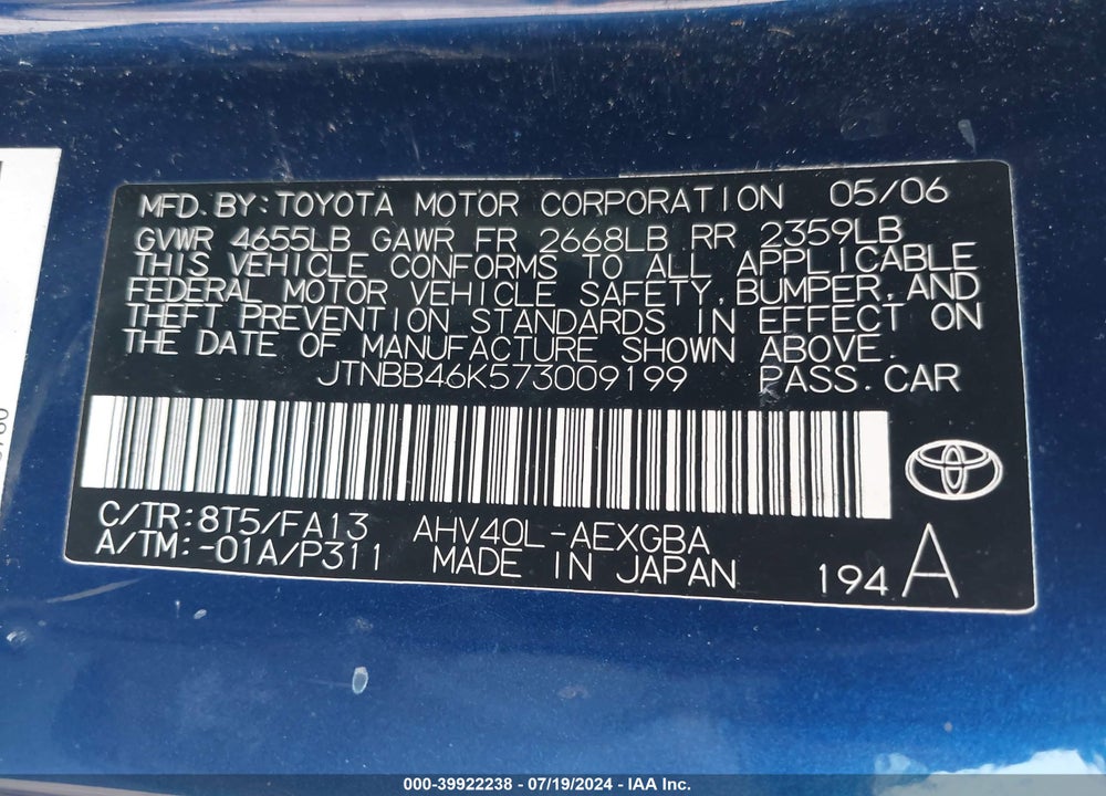 2007 TOYOTA CAMRY HYBRID VIN: JTNBB46K573009199