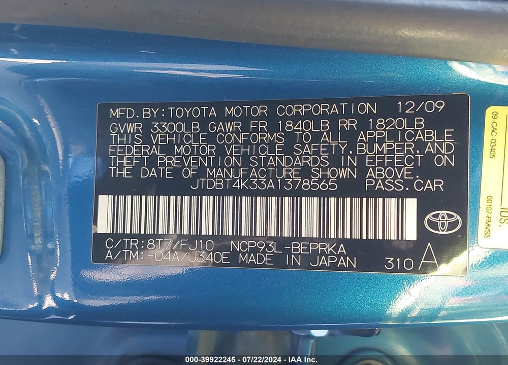 2010 TOYOTA YARIS VIN: JTDBT4K33A1378565