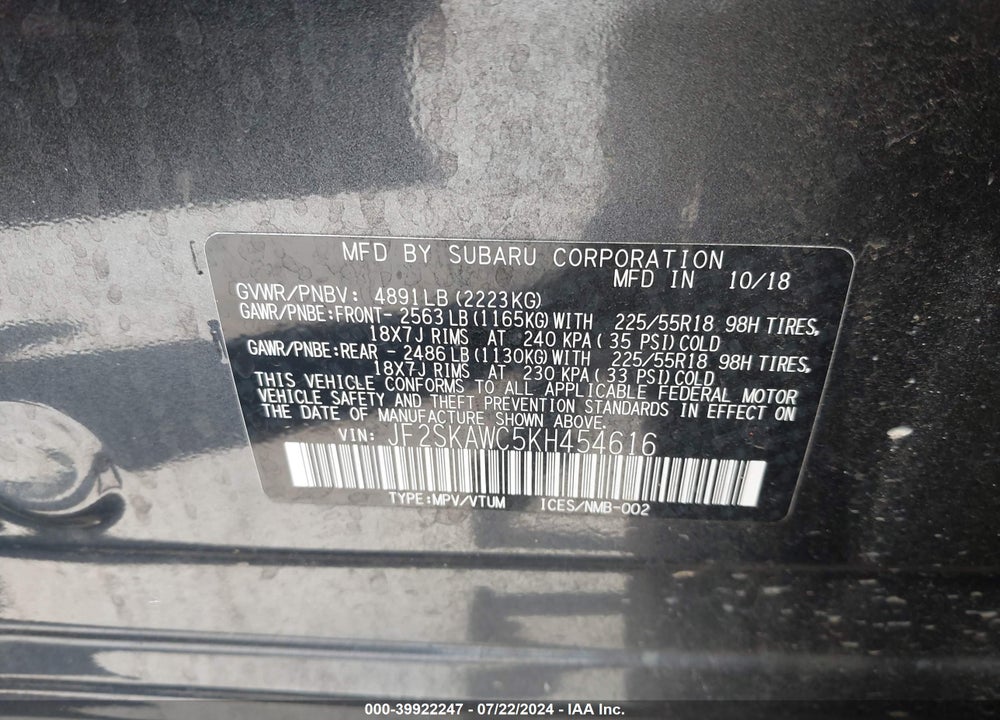 2019 SUBARU FORESTER TOURING VIN: JF2SKAWC5KH454616
