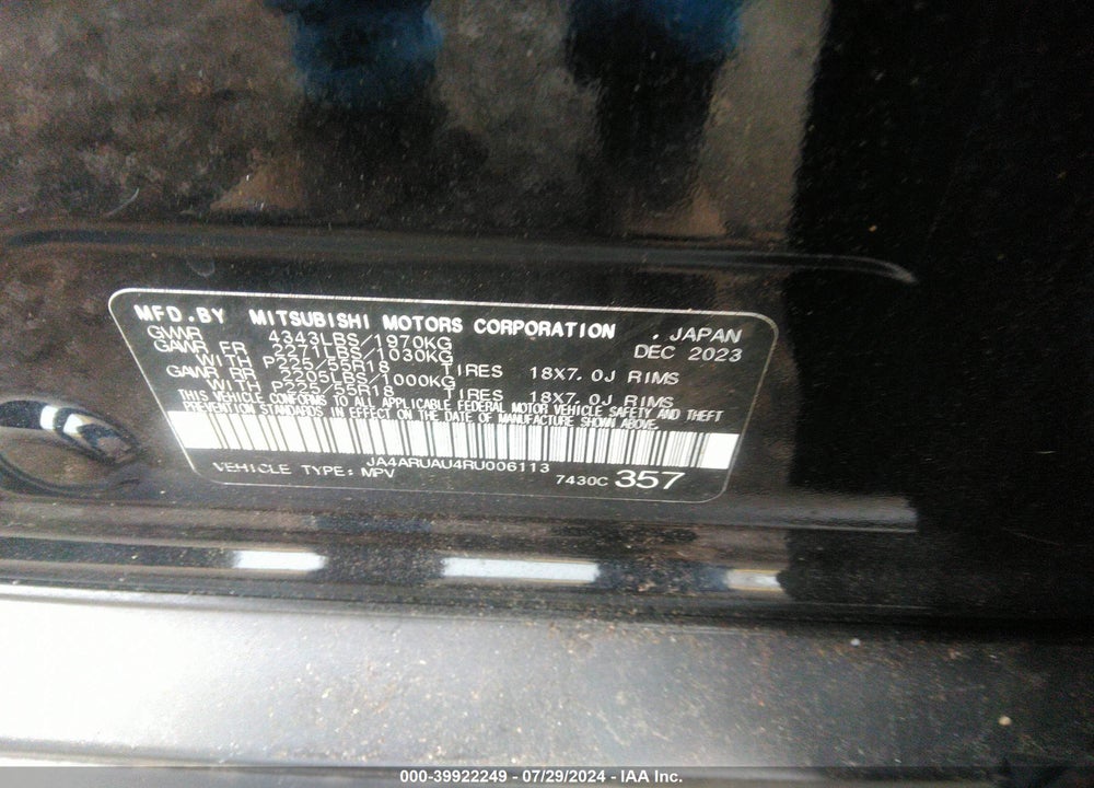 2024 MITSUBISHI OUTLANDER SPORT 2.0 ES AWC VIN: JA4ARUAU4RU006113