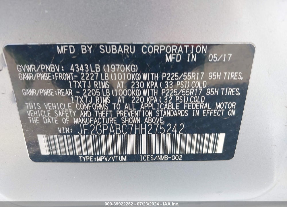 2017 SUBARU CROSSTREK 2.0I PREMIUM VIN: JF2GPABC7HH275242
