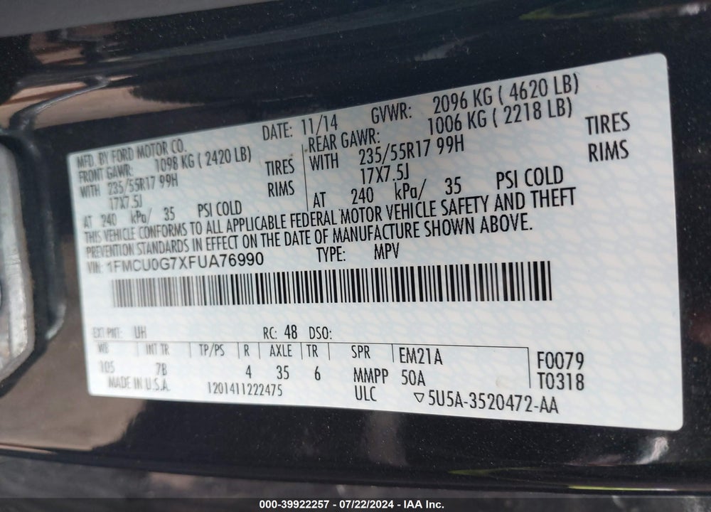 2015 FORD ESCAPE SE VIN: 1FMCU0G7XFUA76990