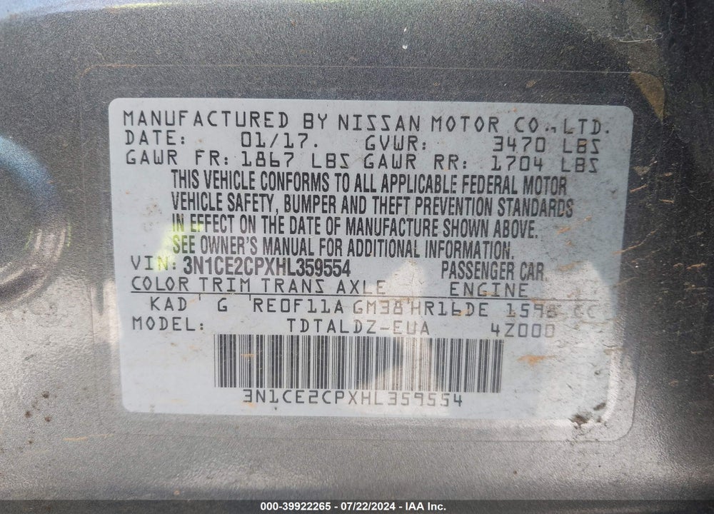 2017 NISSAN VERSA NOTE SV VIN: 3N1CE2CPXHL359554