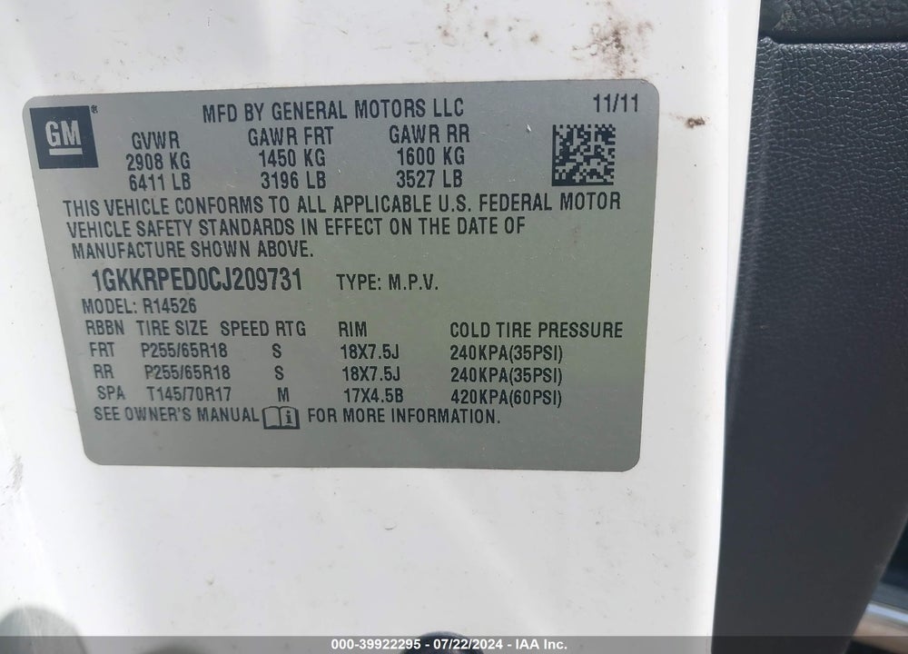 2012 GMC ACADIA SLE VIN: 1GKKRPED0CJ209731