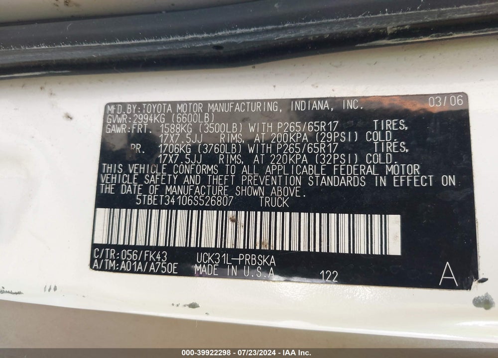 2006 TOYOTA TUNDRA SR5 V8 VIN: 5TBET34106S526807