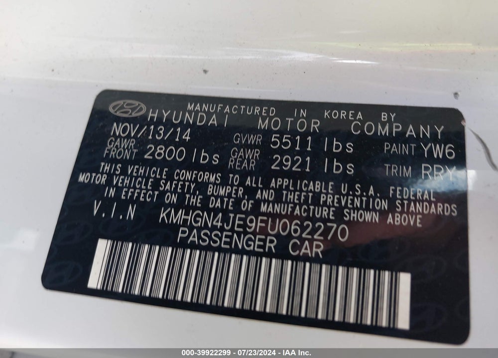 2015 HYUNDAI GENESIS 3.8 VIN: KMHGN4JE9FU062270
