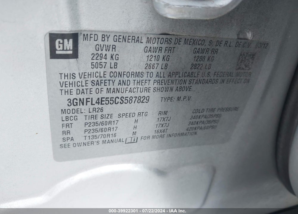 2012 CHEVROLET CAPTIVA SPORT LTZ VIN: 3GNFL4E55CS587829