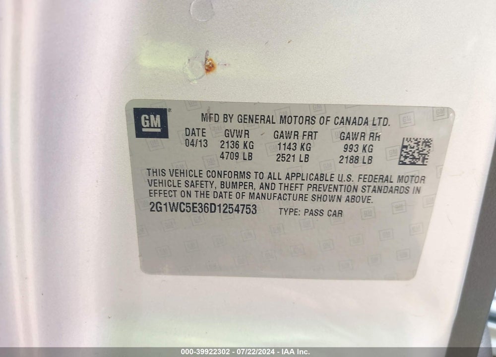 2013 CHEVROLET IMPALA LTZ VIN: 2G1WC5E36D1254753
