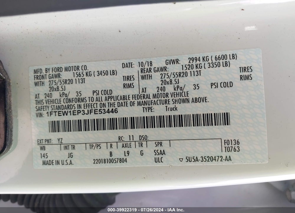 2018 FORD F-150 XL VIN: 1FTEW1EP3JFE53446