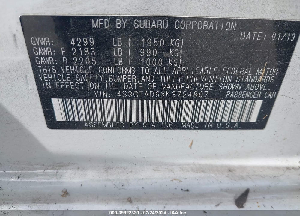 2019 SUBARU IMPREZA 2.0I PREMIUM VIN: 4S3GTAD6XK3724807