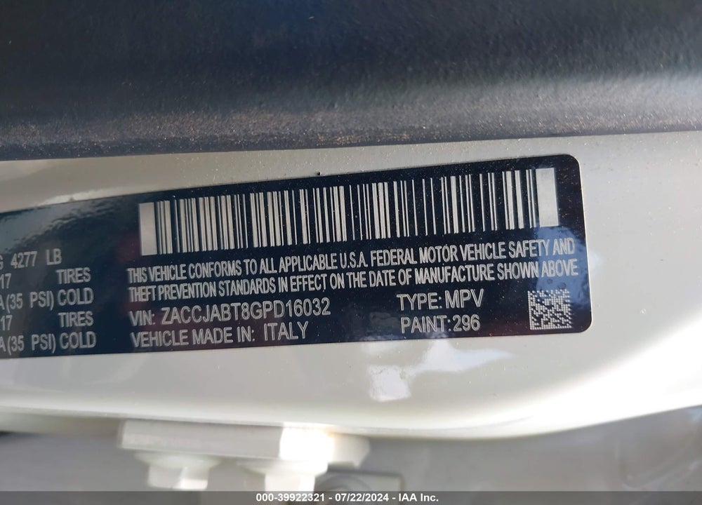 2016 JEEP RENEGADE LATITUDE VIN: ZACCJABT8GPD16032