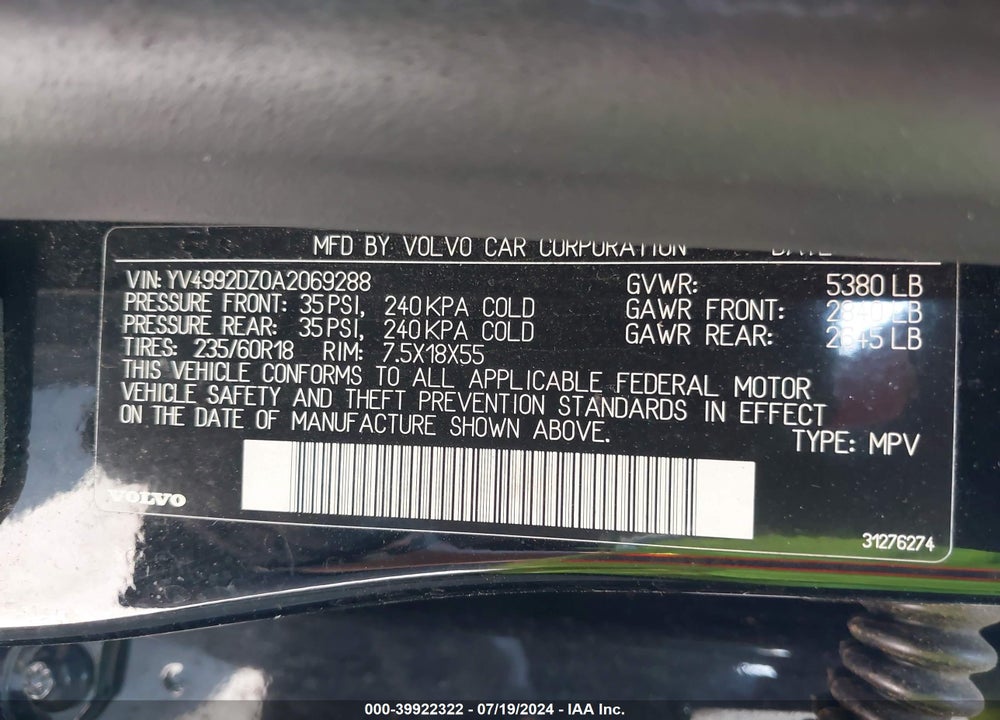 2010 VOLVO XC60 T6/T6 R-DESIGN VIN: YV4992DZ0A2069288