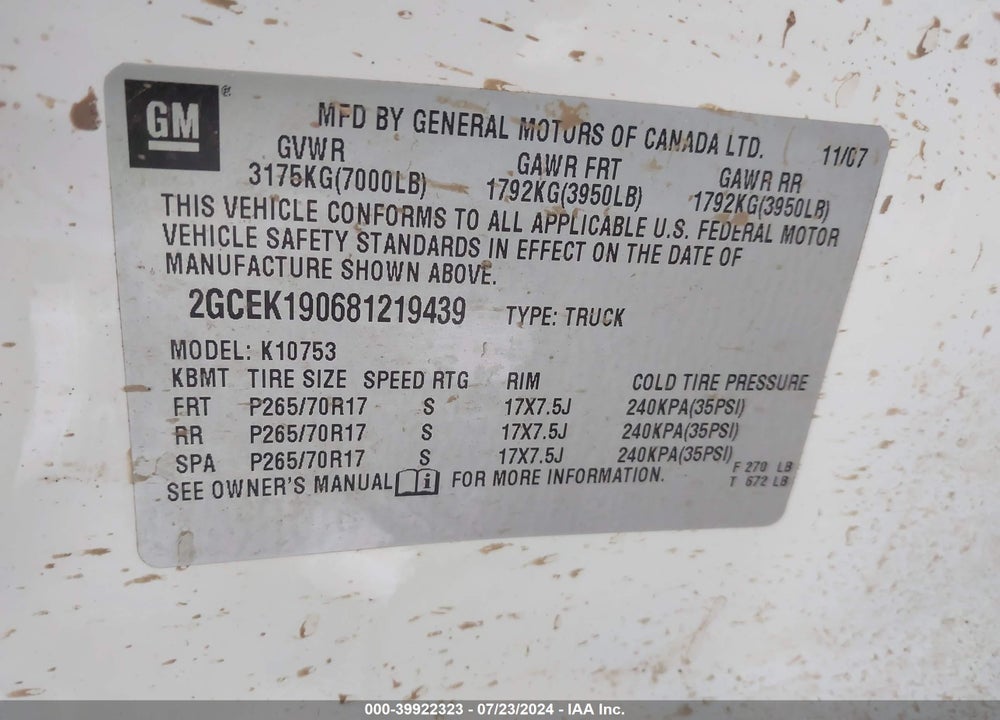 2008 CHEVROLET SILVERADO 1500 WORK TRUCK VIN: 2GCEK190681219439