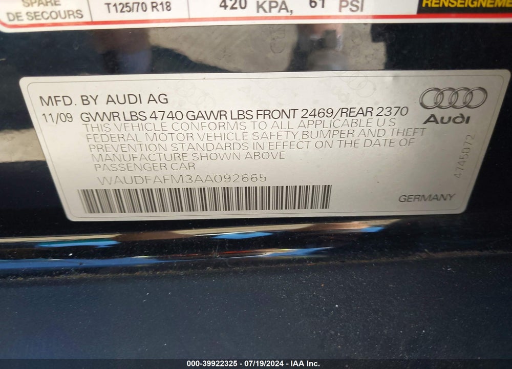 2010 AUDI A3 2.0T PREMIUM VIN: WAUDFAFM3AA092665