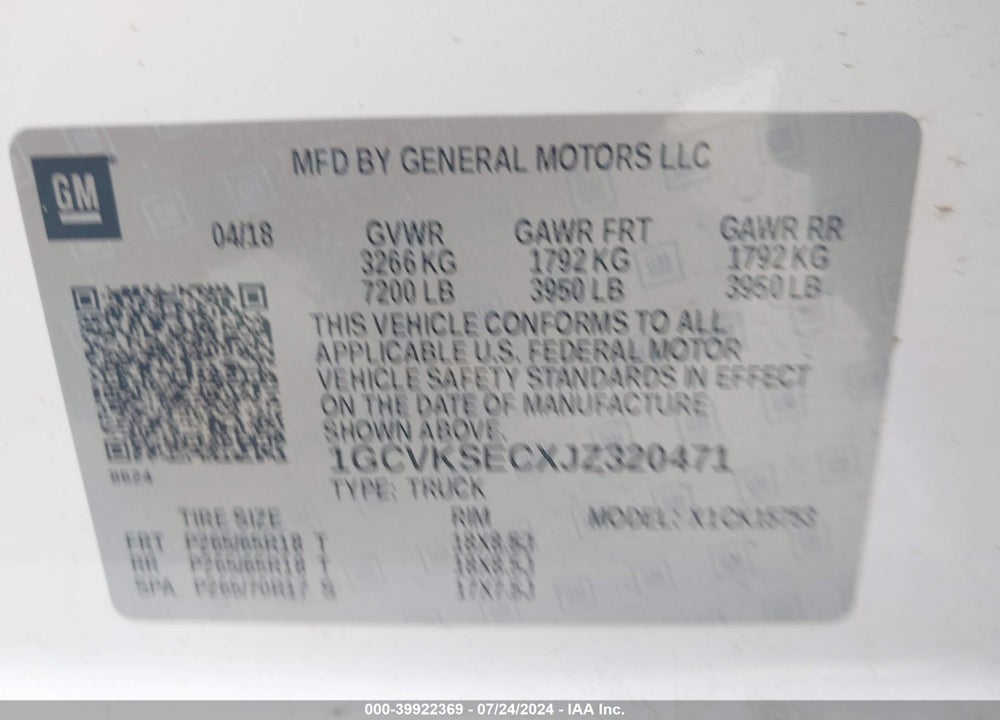 2018 CHEVROLET SILVERADO 1500 1LZ VIN: 1GCVKSECXJZ320471