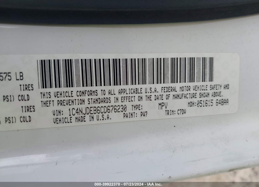 2012 JEEP COMPASS LATITUDE VIN: 1C4NJDEB6CD676230