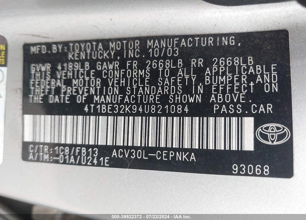 2004 TOYOTA CAMRY LE VIN: 4T1BE32K94U821084
