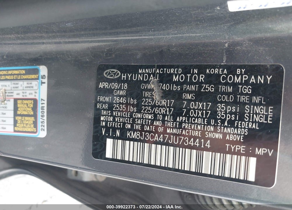 2018 HYUNDAI TUCSON SEL VIN: KM8J3CA47JU734414