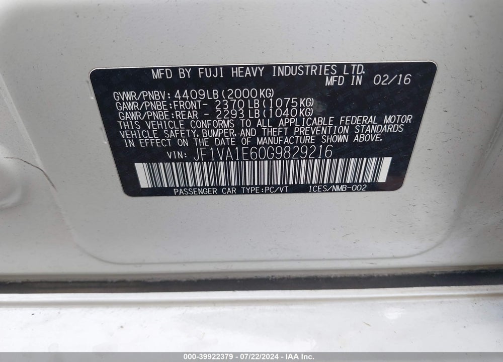 2016 SUBARU WRX PREMIUM VIN: JF1VA1E60G9829216