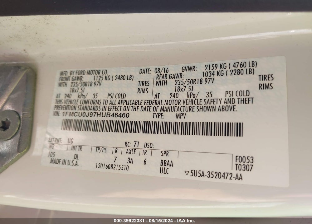 2017 FORD ESCAPE TITANIUM VIN: 1FMCU0J97HUB46460
